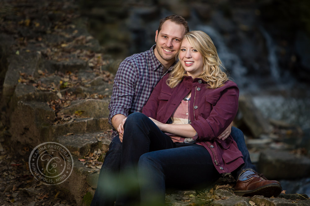 Hidden Falls Waterfall St Paul MN Engaged Couple