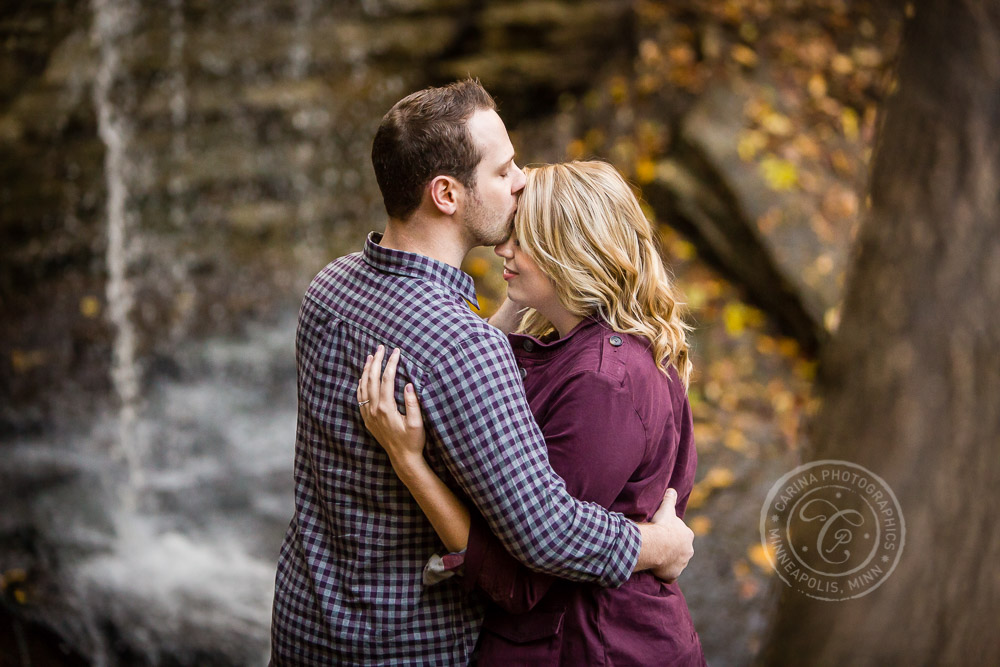 Hidden Falls Waterfall St Paul MN Engaged Couple