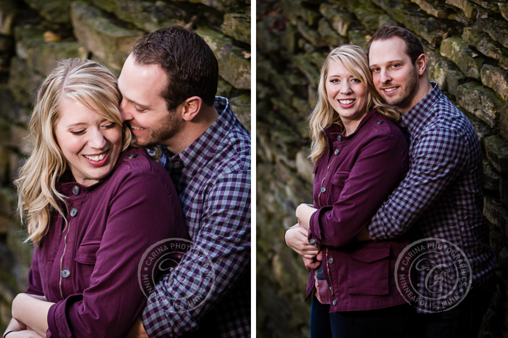 Hidden Falls Stone Wall St Paul MN Engaged Couple