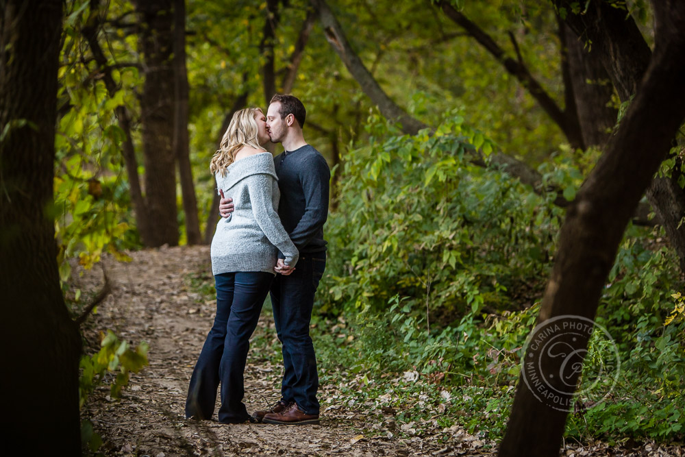 Hidden Falls St Paul MN Walking in Woods Engaged Couple